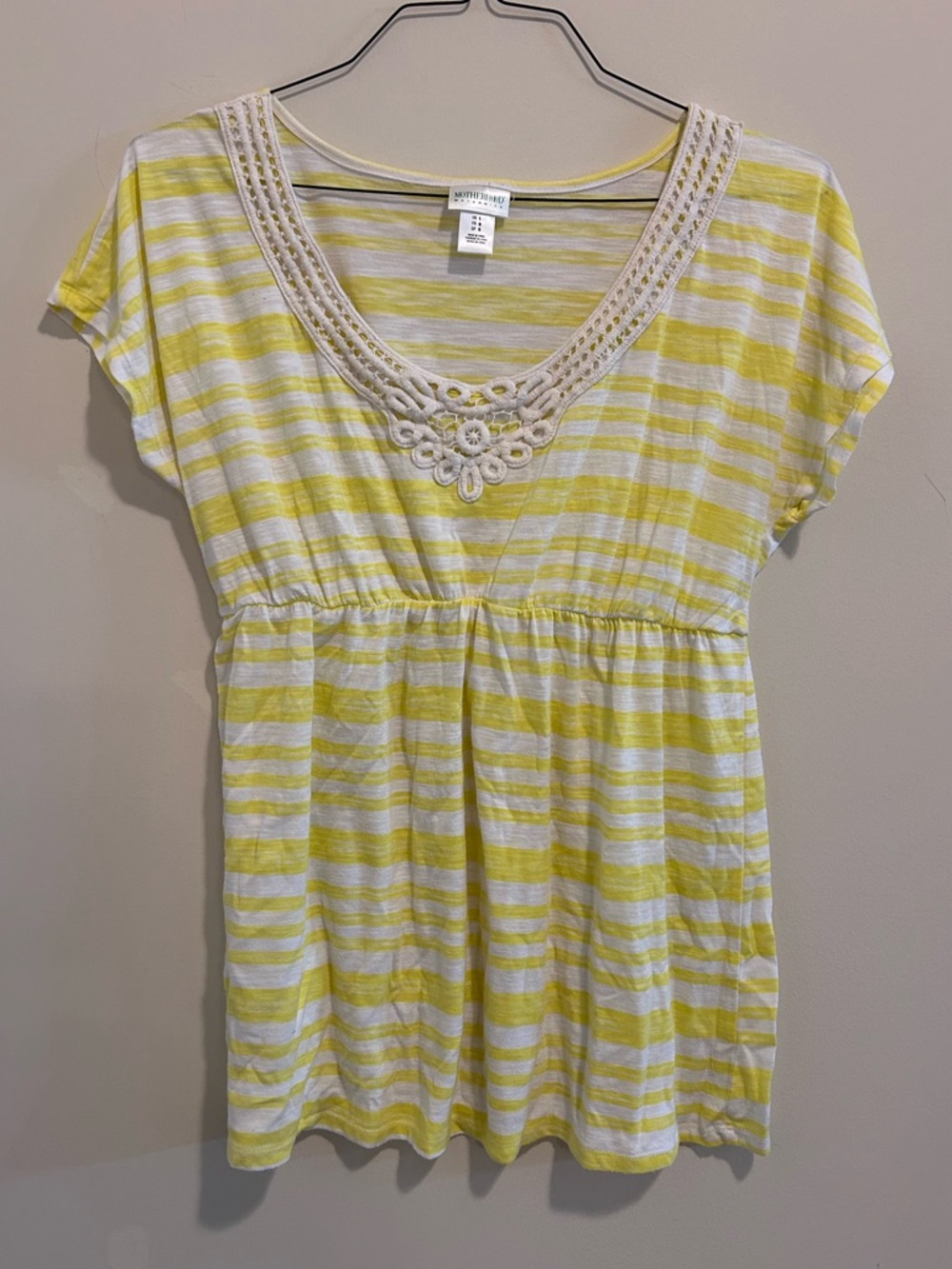 Motherhood Maternity Yellow and White Striped Crochet-Trim Tunic